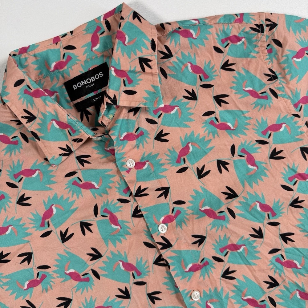 Bonobos Stretch Riviera Shirt Medium Cotton Pink Tropical Bird Slim Fit Casual